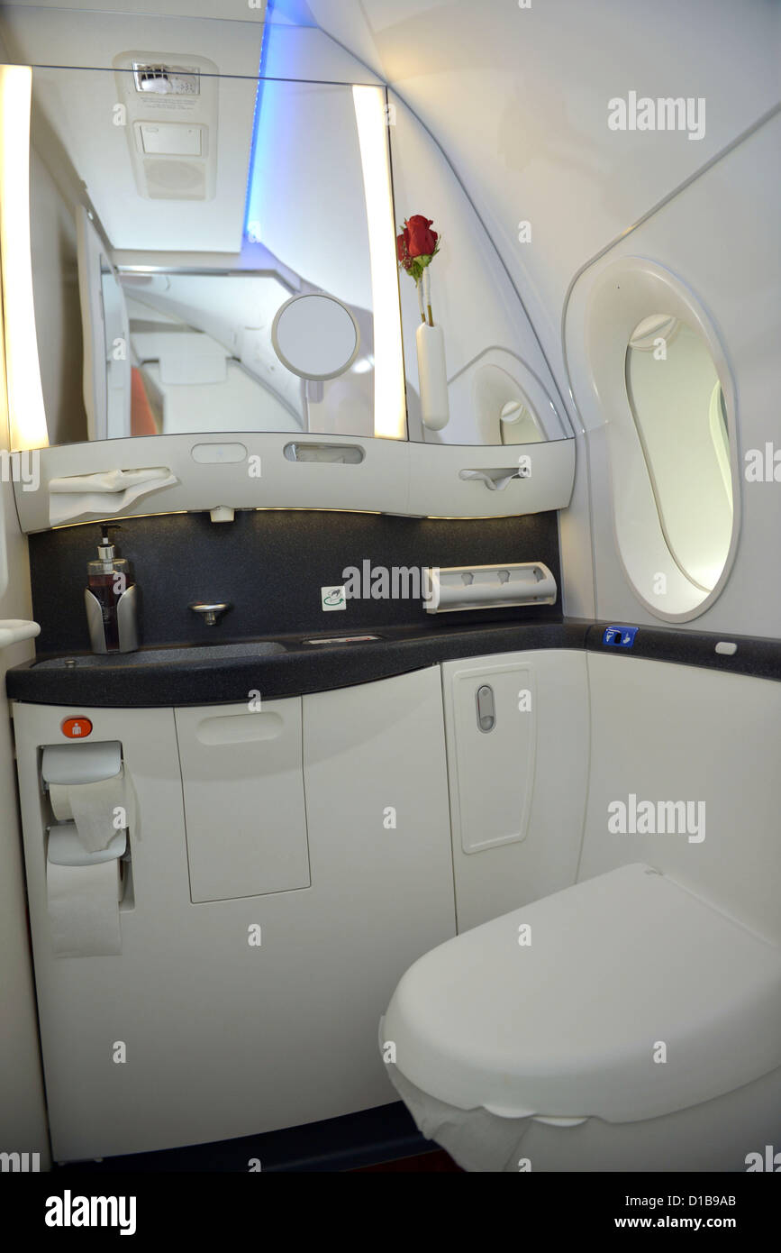 Le Qatar Dreamliner de Boeing 787, avion, toilettes dans la première classe et section des affaires du Dreamliner Banque D'Images