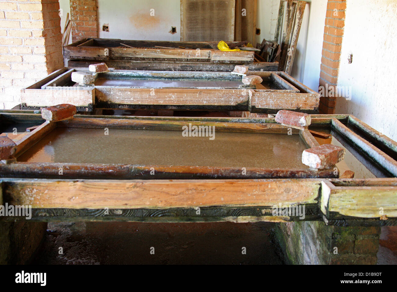Bacs de décantation , utilisé dans la production de papier Antemoro, Ambalavao, Madagascar, Afrique du Sud. Banque D'Images