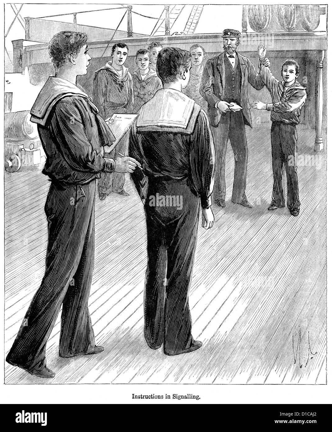 La gravure de l'époque victorienne de cadets de la marine, de signalisation d'apprentissage 1897 Banque D'Images