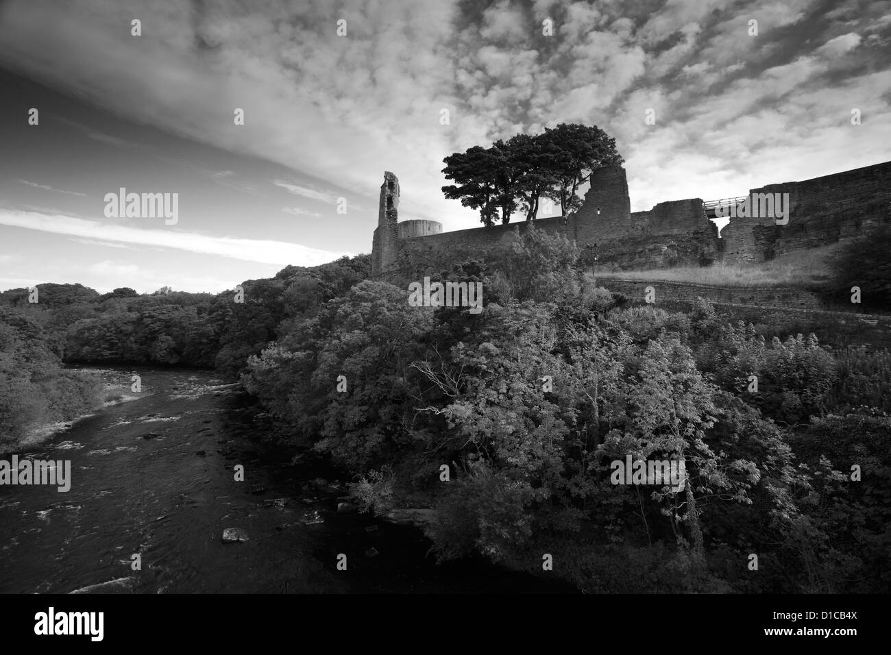 Le noir et blanc vue panoramique des ruines de Barnard Castle, Barnard Castle town, Upper Teesdale, comté de Durham, Angleterre, Grande-Bretagne, Royaume-Uni Banque D'Images
