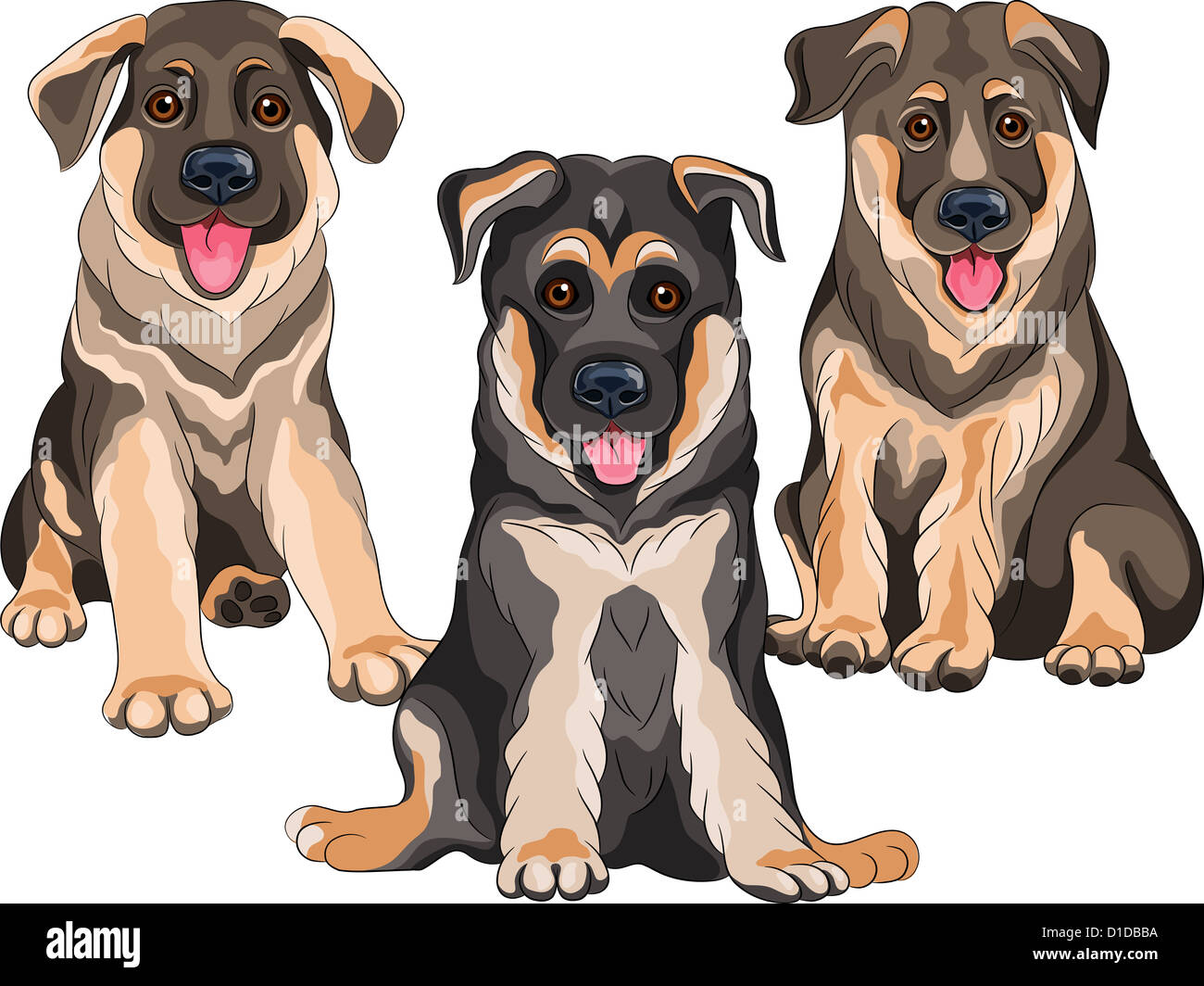 Vector set noir et marron smiling chiots berger allemand chien assis race, isolé sur fond blanc Banque D'Images
