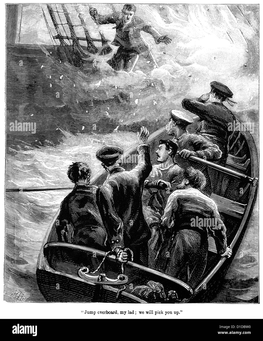 La gravure de l'époque victorienne d'un homme d'être sauvé d'un navire en feu, 1897 Banque D'Images