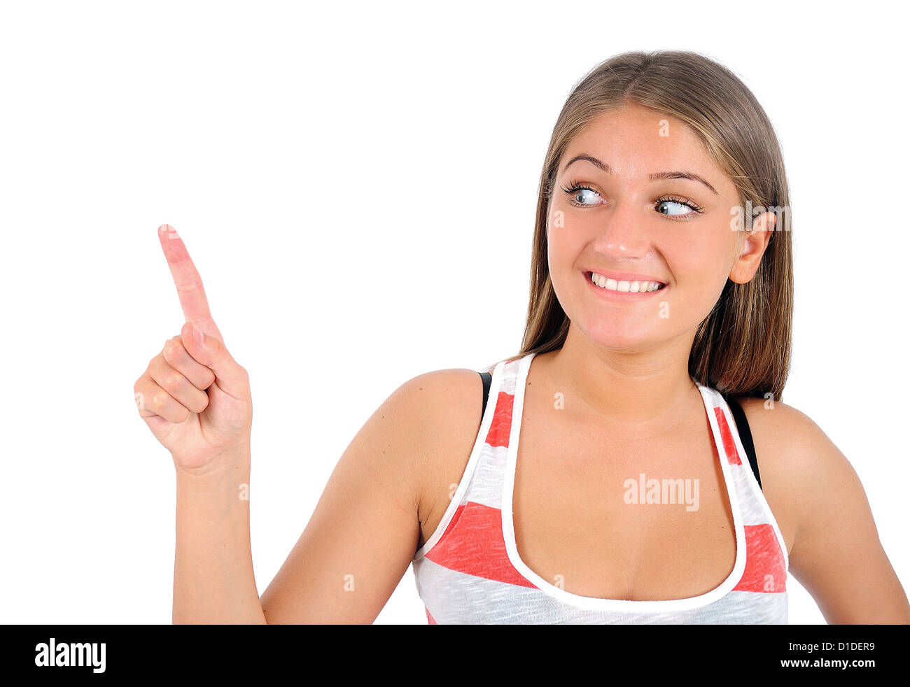 Young casual woman pointing isolés Banque D'Images