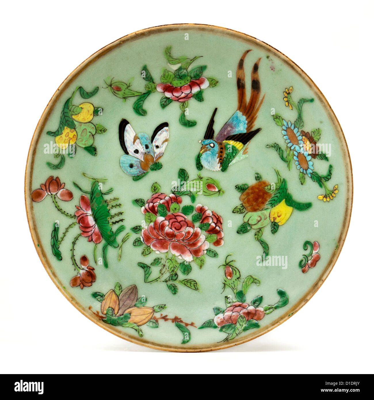 'Chinois Antique Famille Verte' plaque peinte à la main Banque D'Images