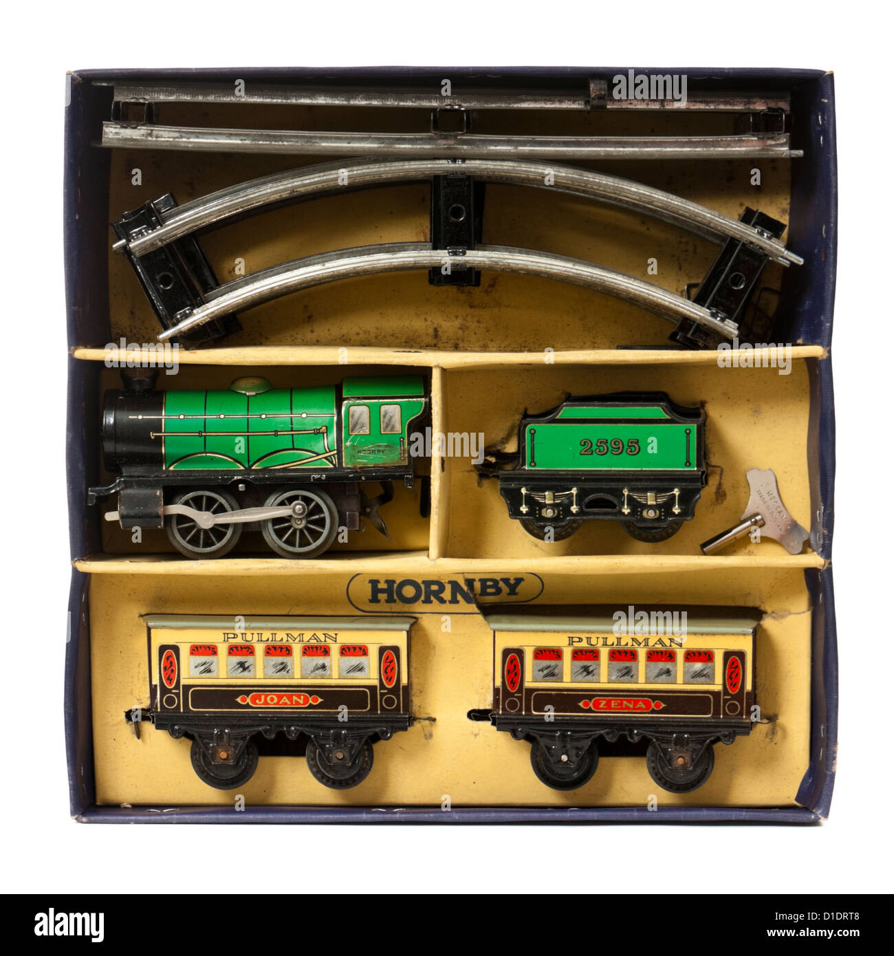 1950 Rare clockwork Hornby Train de voyageurs M0 Ensemble avec le fer blanc vert tendre et de locomotives et wagons Pullman Banque D'Images
