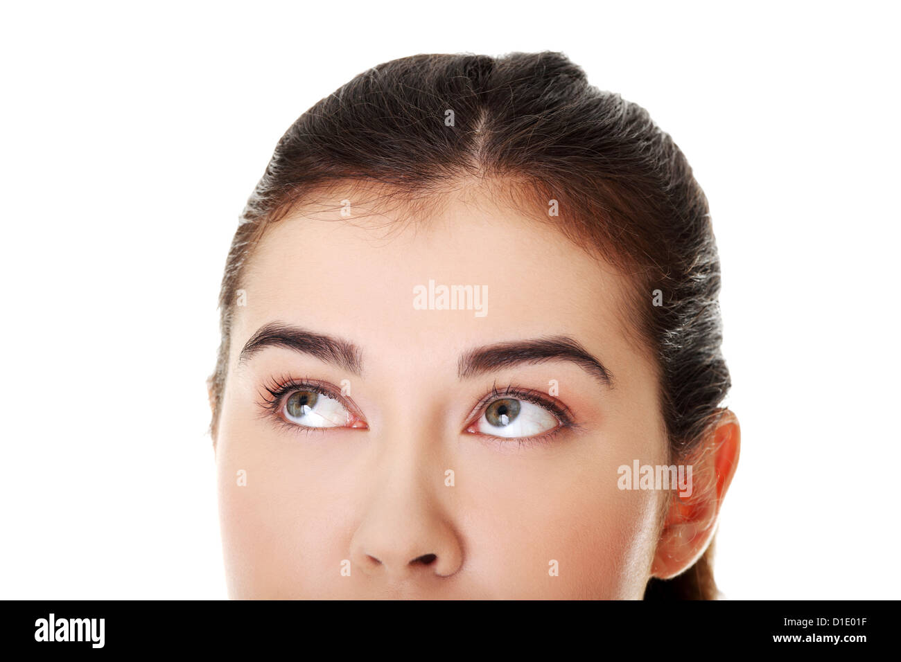 Femme sérieuse à la recherche d'étudiant, isolated on white Banque D'Images