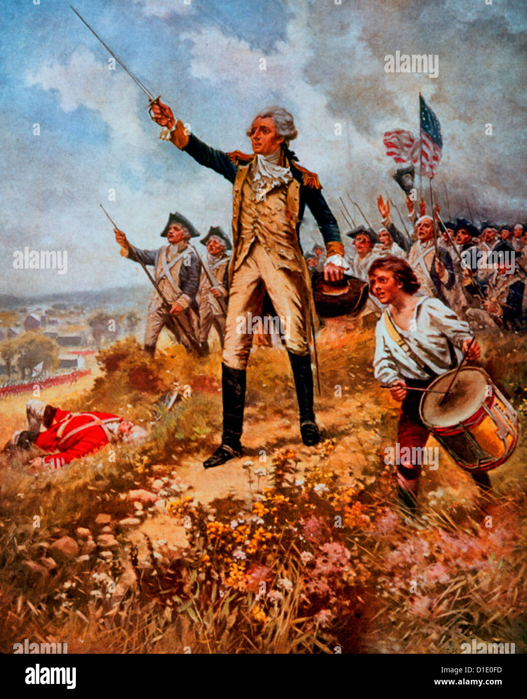 Baptême du feu pour Lafayette - Lafayette, debout sur la colline, en face du soldat britannique mort, aux côtés de Drummer Boy, devant ses troupes pendant la guerre d'indépendance des États-Unis Banque D'Images