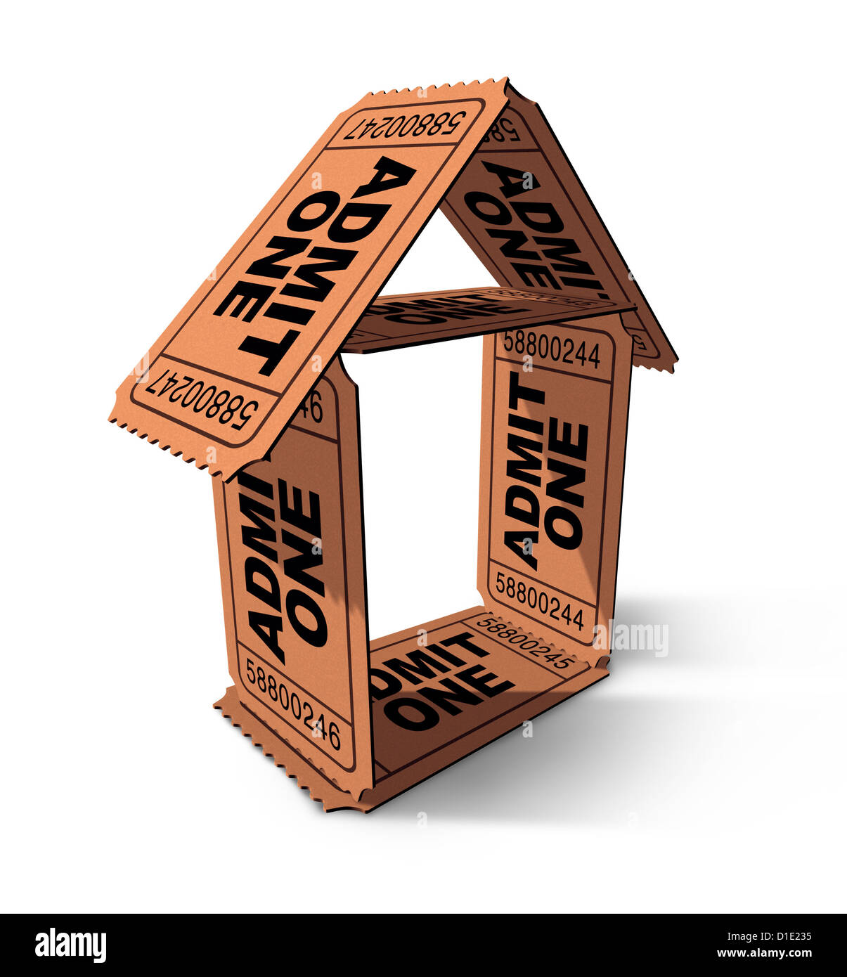 Billets de cinéma dans la forme d'un générique chambre en tant qu'admettre un passage comme un symbole de divertissement de films de famille et d'un théâtre ou Banque D'Images