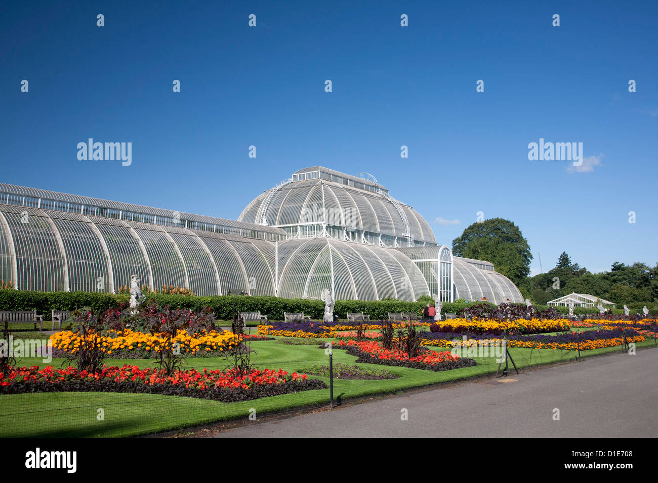 Palm House parterre avec affichage floral d'env 16000 Plantes, Jardins botaniques royaux de Kew, près de Richmond, Surrey, Angleterre Banque D'Images
