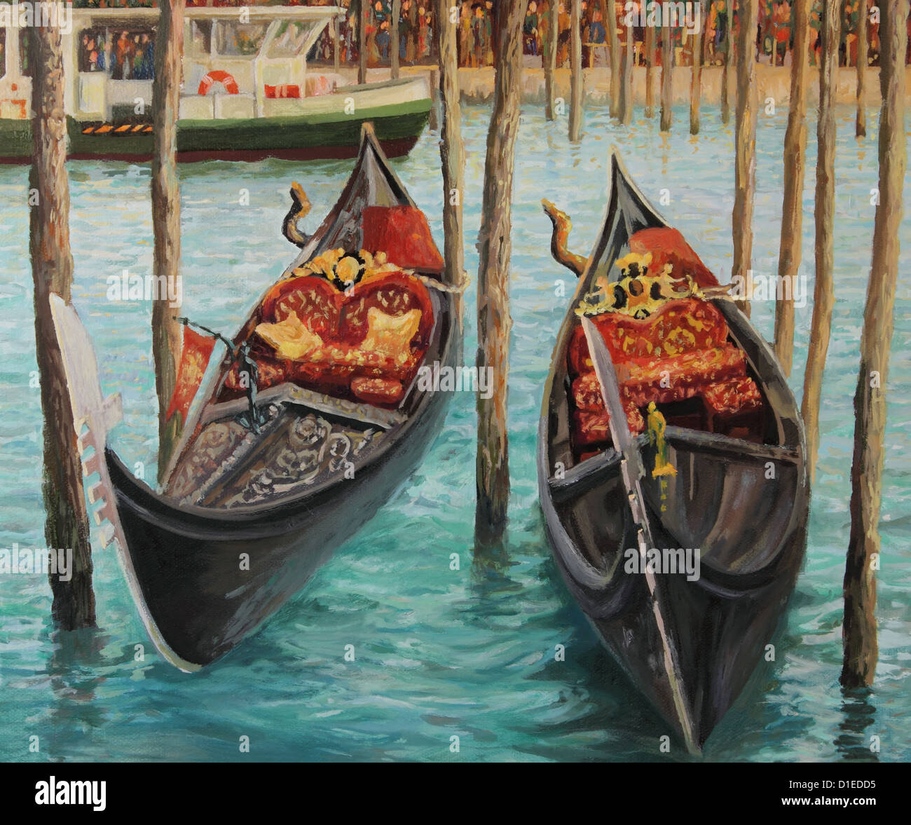 Une peinture à l'huile sur toile de deux gondoles vénitiennes, célèbres bateaux attendent les touristes près du célèbre Pont du Rialto. Banque D'Images