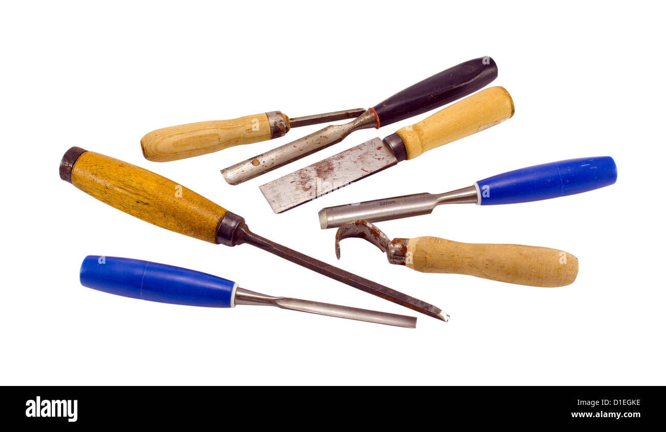 Plus grave du ciseau découper collection outils pour travail du bois isolé sur fond blanc Banque D'Images