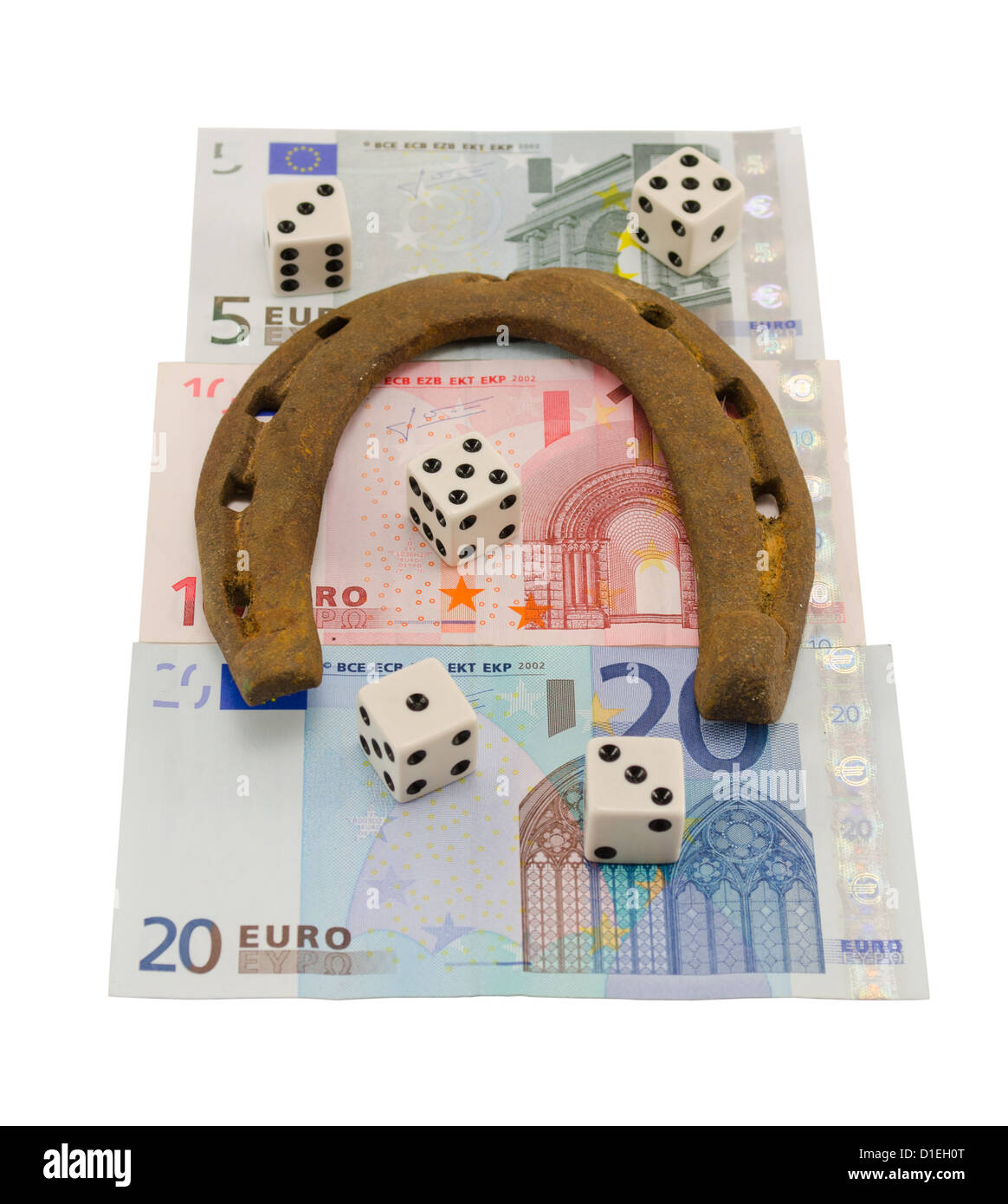 Horseshoe retro Concept gamble dés et billets isolated on white Banque D'Images