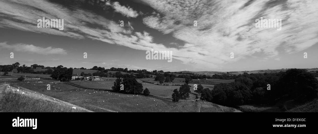 Image panoramique en noir et blanc d'été, ciel bleu, vue sur Paysage Hury Village, Upper Teesdale, comté de Durham, Angleterre Banque D'Images