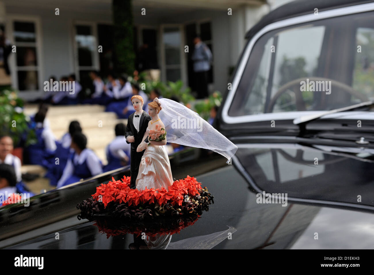 Un modèle mariée et le marié sur le capot de la voiture de Humber dans laquelle le Couple Royal quitteront leur mariage. Tonga Banque D'Images