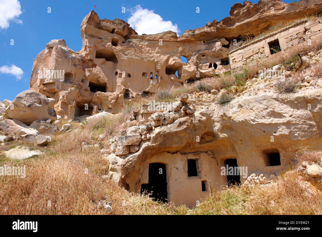 Cauvsin Rock Maisons de Cappadoce, Turquie. Des formations de roche volcanique tuft Banque D'Images