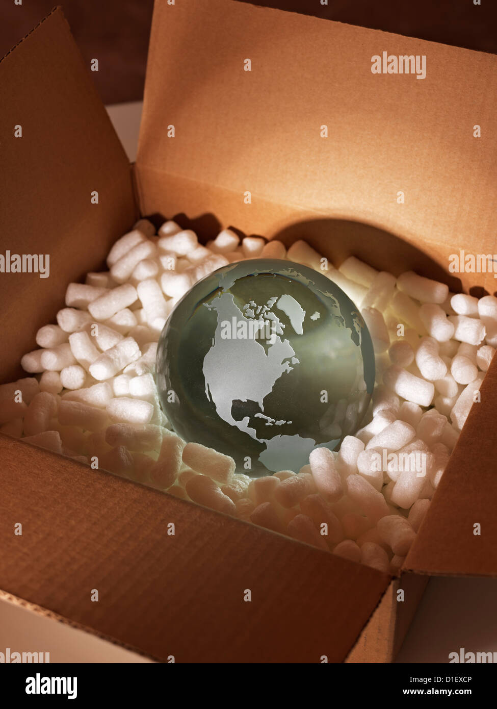 Globe en verre de styromousse protégé par une boîte d'emballage en brun Banque D'Images