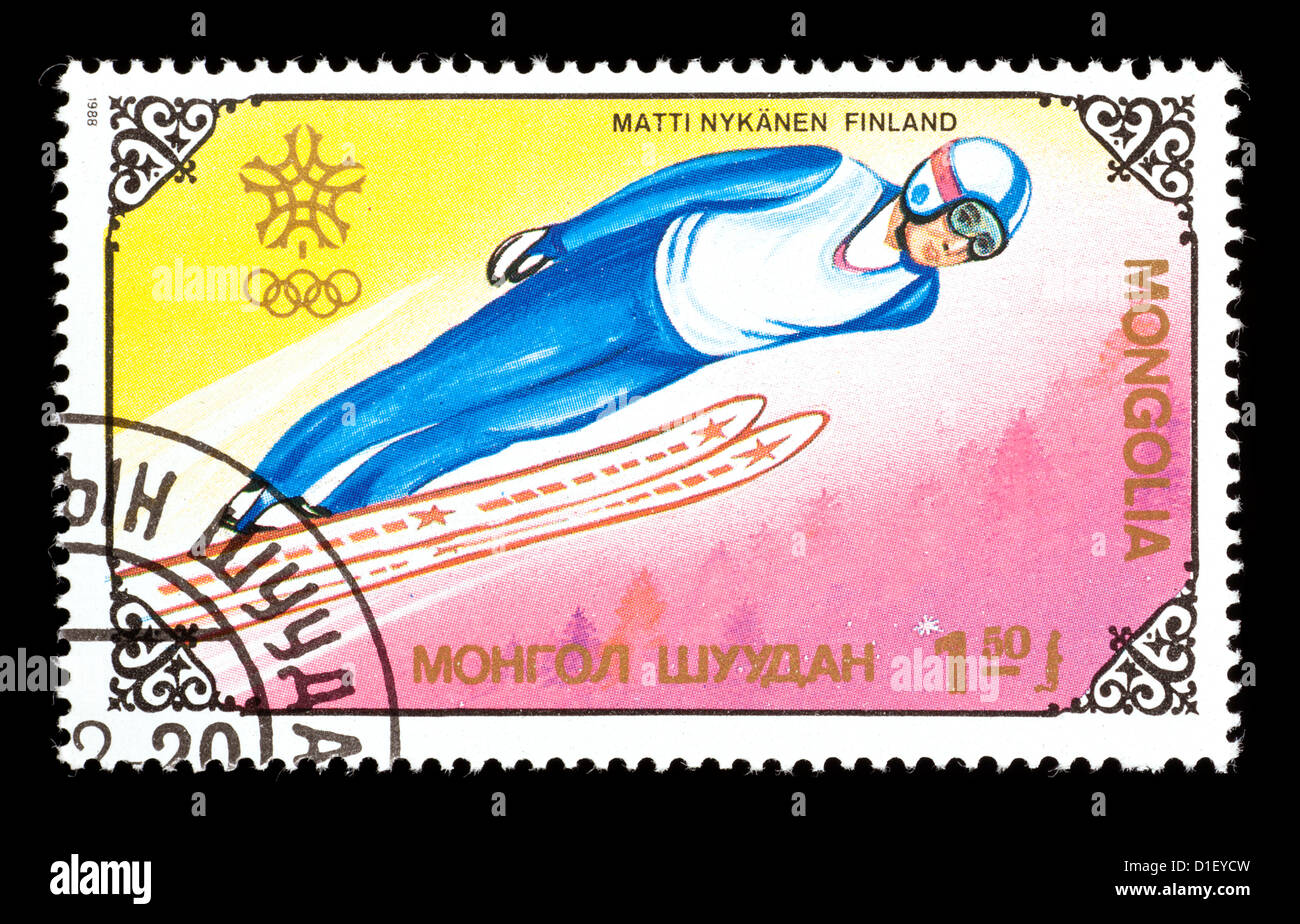 Timbre-poste de la Mongolie représentant un cavalier de ski. Banque D'Images