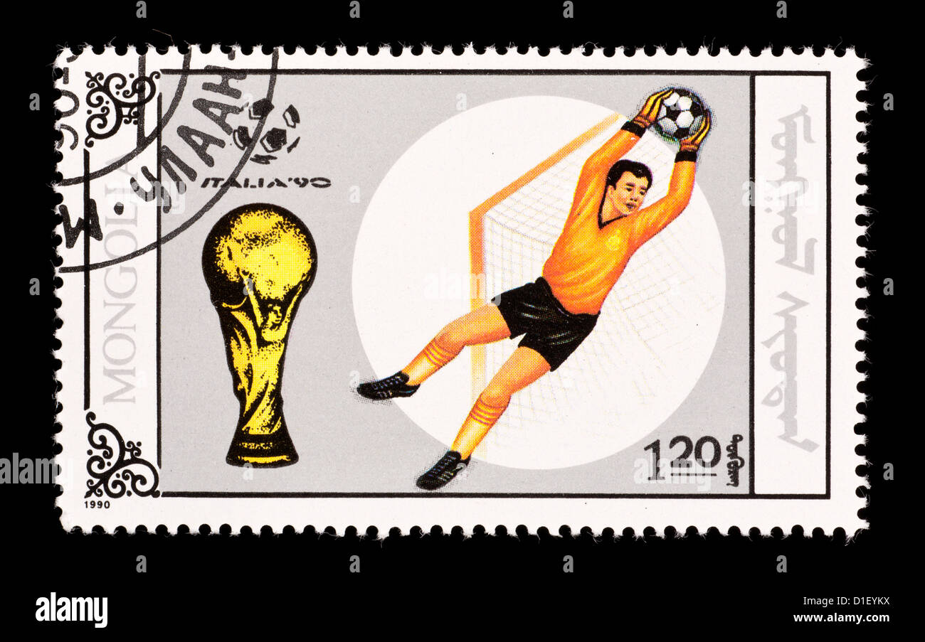 Timbre-poste à partir de la Corée du Nord représentant un gardien de football, émis pour la Coupe du Monde 1990 en Italie. Banque D'Images