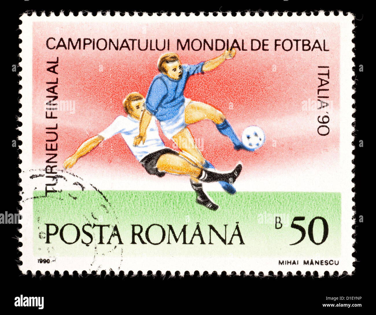 Timbre-poste de Roumanie représentant des joueurs de football, émis pour la Coupe du Monde 1990 en Italie. Banque D'Images