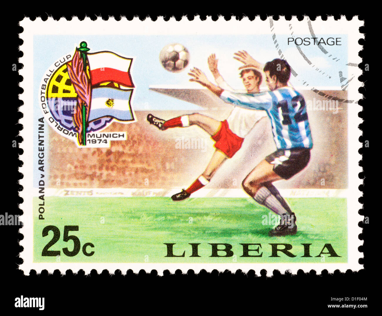 Timbre-poste du Libéria représentant des joueurs de football, émis pour la Coupe du Monde de Football 1974. Banque D'Images