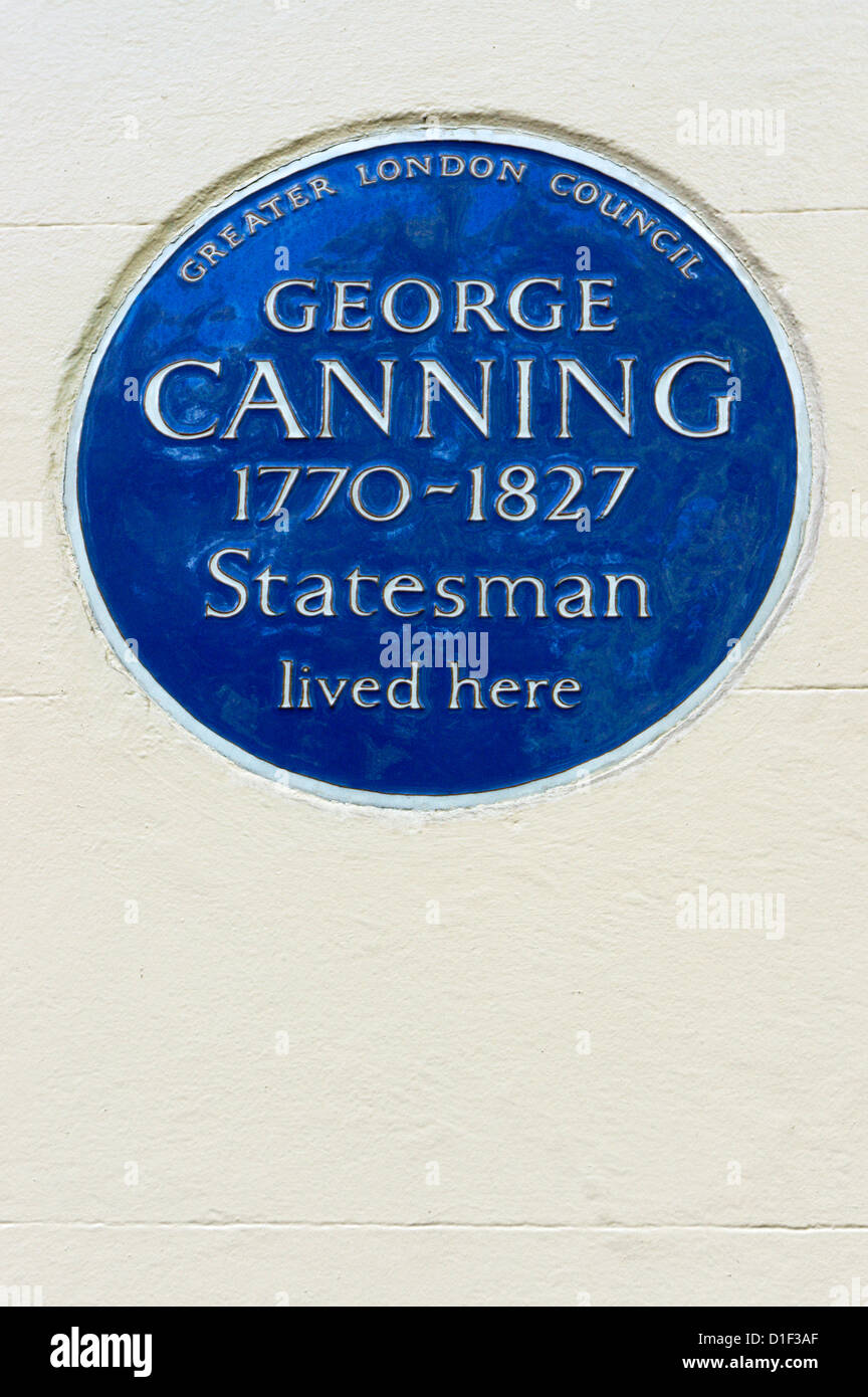 Une blue plaque commémorant à Londres l'homme d'État George Canning. Banque D'Images