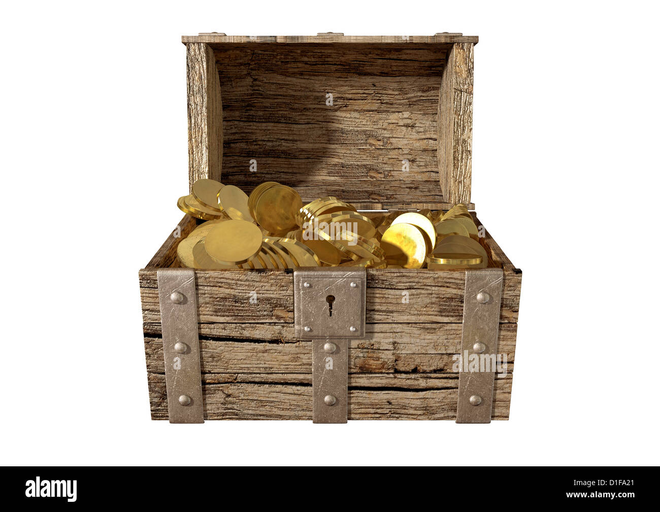 Un vieux classique bois et fer à repasser coffre au trésor ouvert avec une serrure en métal rempli de pièces d'or sur un fond isolé Banque D'Images