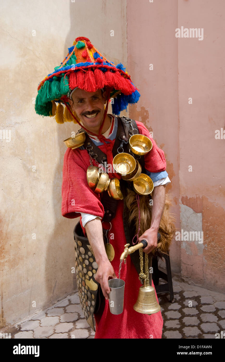 Un vendeur d'eau habillé en robe traditionnelle berbère coloré à Marrakech, Maroc, Afrique du Nord, Afrique Banque D'Images