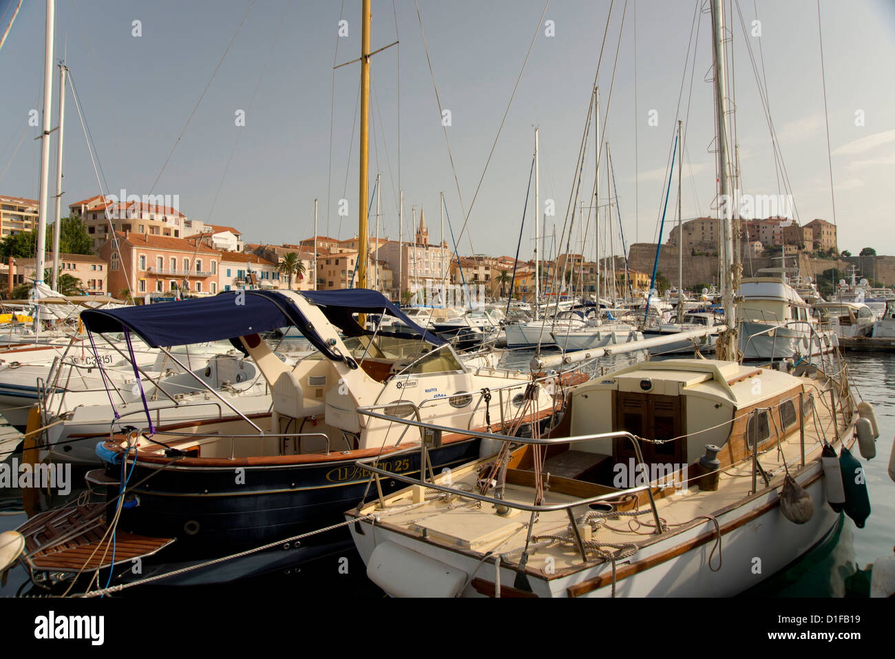 Bateaux dans le port en bas de la Citadelle dans la ville de Calvi en Haute-Balagne région Corse, France, Méditerranée Banque D'Images