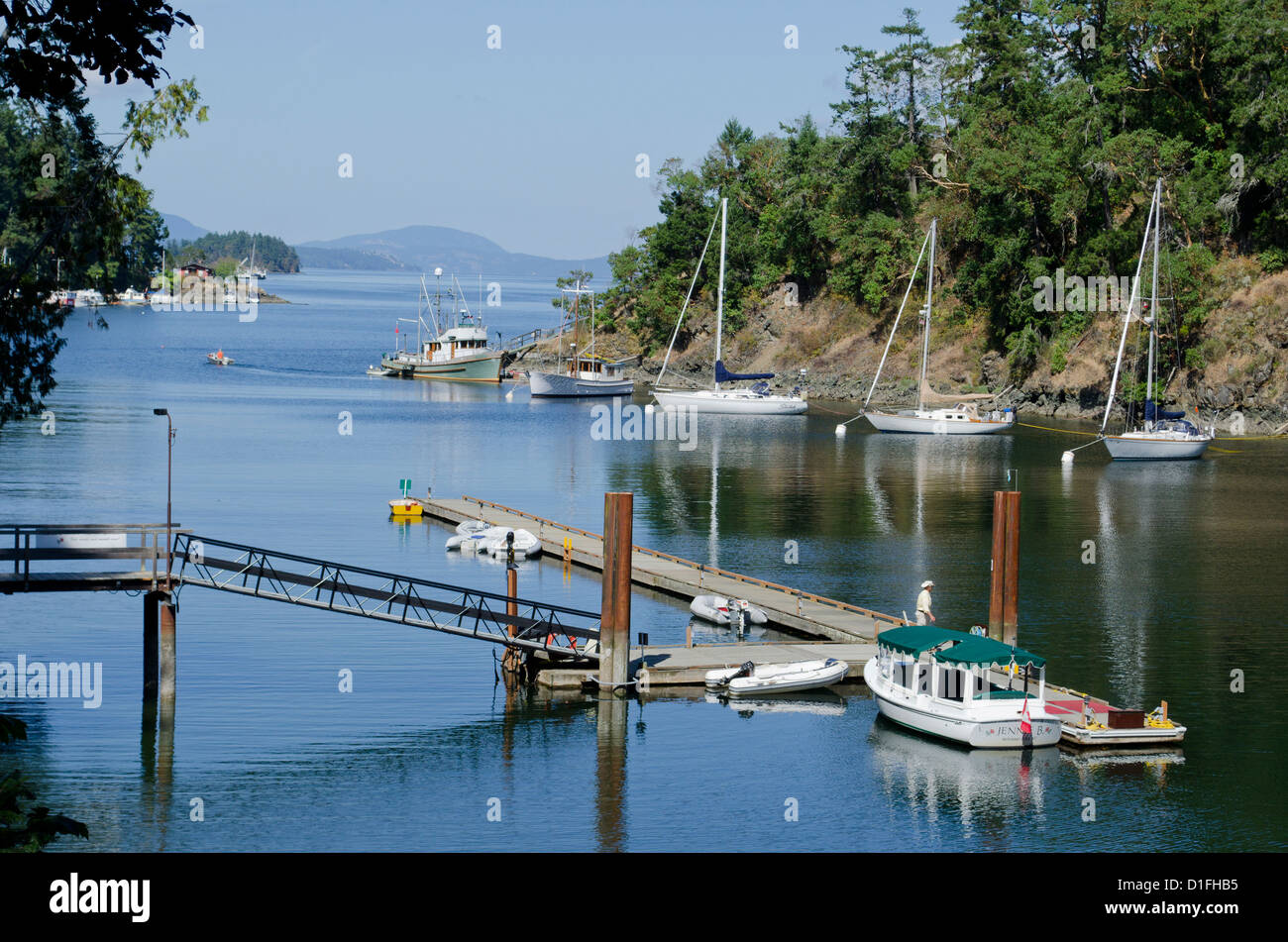 Voiliers ancrés dans une baie calme de l'île de Vancouver Victoria BC Banque D'Images