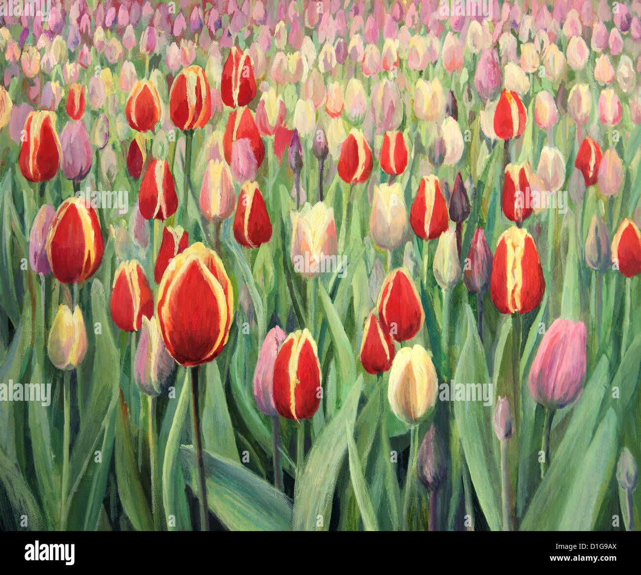 Une peinture à l'huile sur toile d'un printemps à thème. Rouge, rose et jaune tulipes en fleurs sur l'affichage dans le Keukenhof. Banque D'Images
