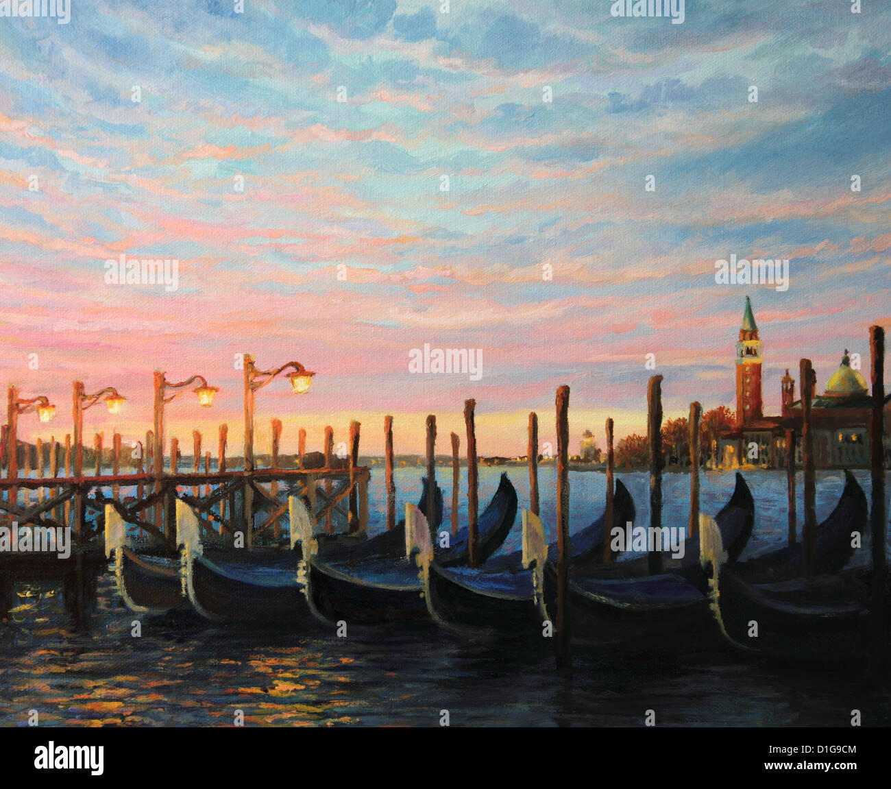 Une peinture à l'huile sur toile d'un lever de soleil coloré à couper le souffle à Venise à bord de l'eau à la direction de San Giorgio Maggiore. Banque D'Images
