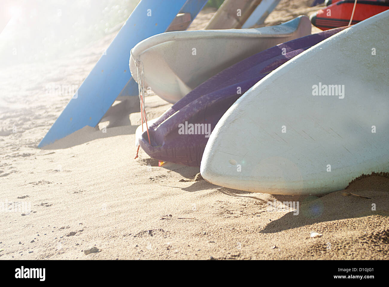 Trois planches de surf se reposant dans le sable avec le soleil Banque D'Images