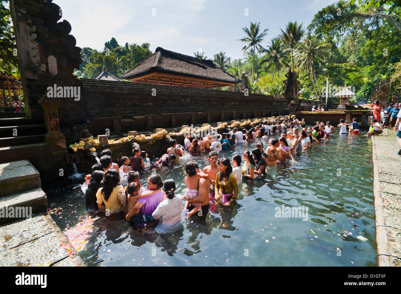 Les balinais dans l'eau de source sainte dans le bassin sacré à Pura Temple Tirta Empul, Tampaksiring, Bali, Indonésie Banque D'Images