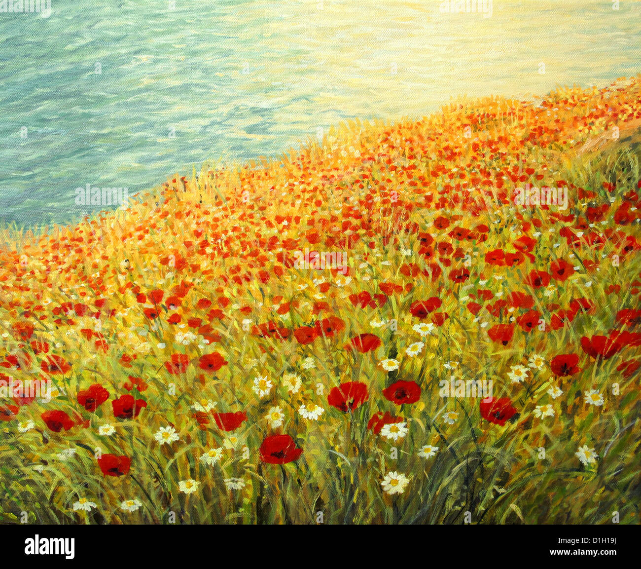 Une peinture à l'huile sur toile d'une scène paisible à la côte avec un tapis aux couleurs vives plein de coquelicots rouge et blanc marguerites. Banque D'Images