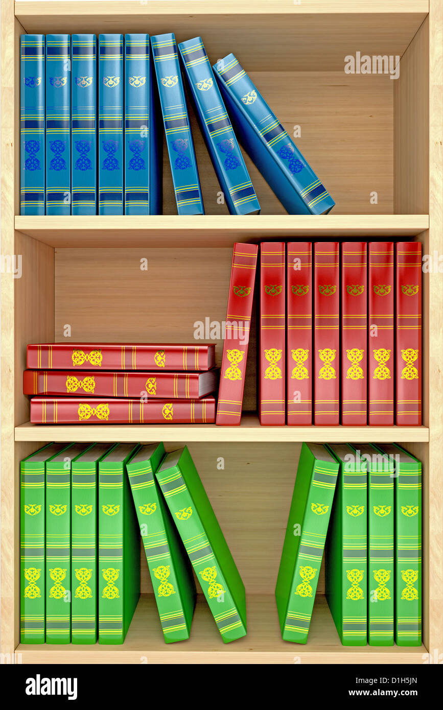 Étagères en bois 3D avec des livres d'arrière-plan Banque D'Images