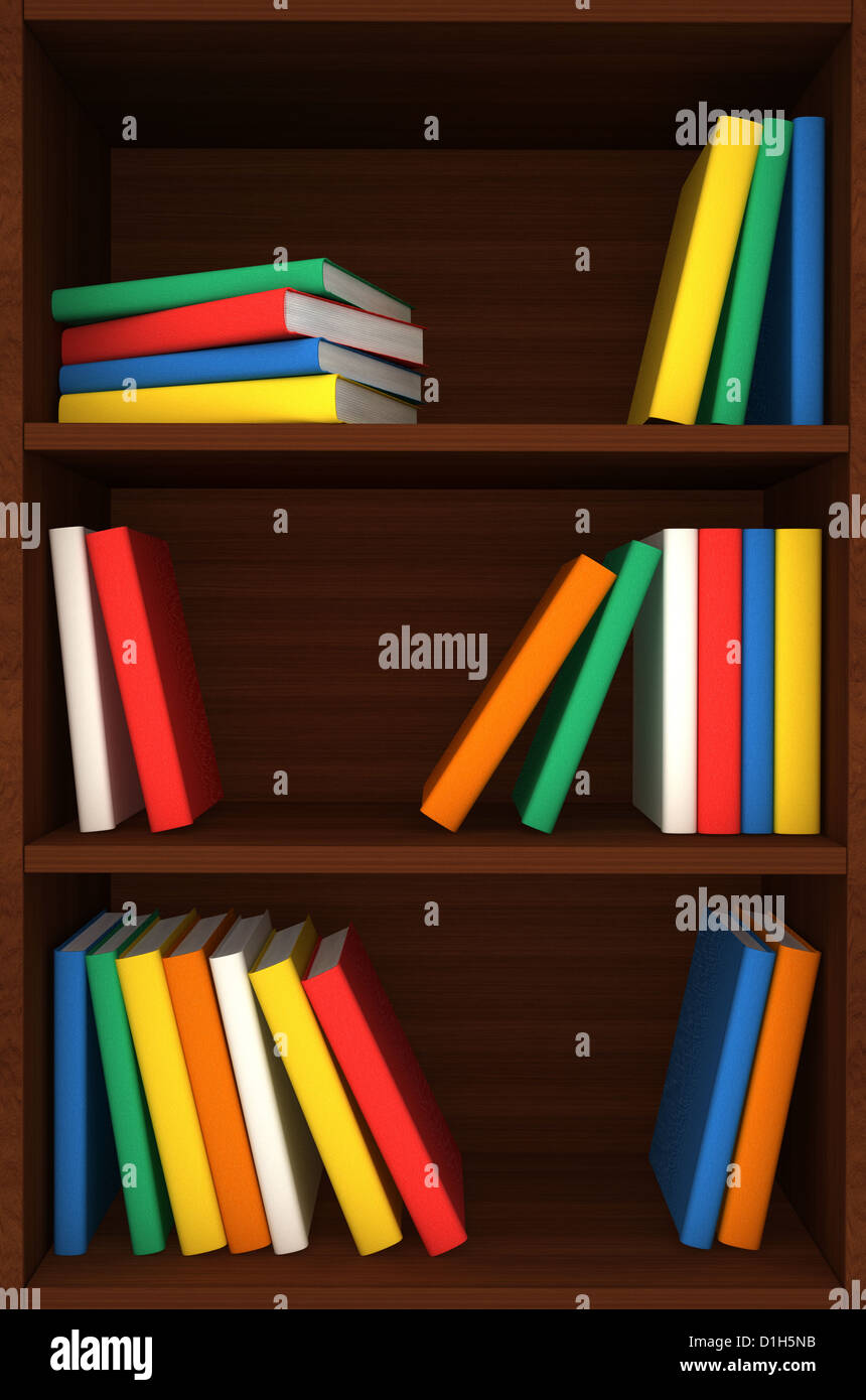 Étagères en bois 3D avec des livres d'arrière-plan Banque D'Images