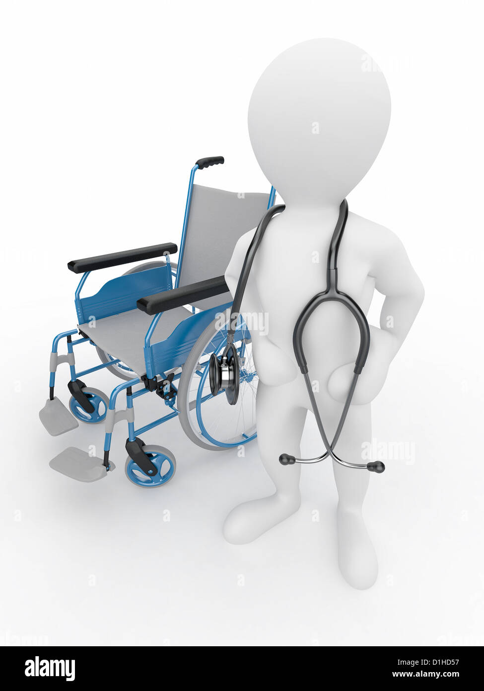 Doctor with stethoscope et whellchair isolé sur blanc l'arrière-plan. 3d Banque D'Images