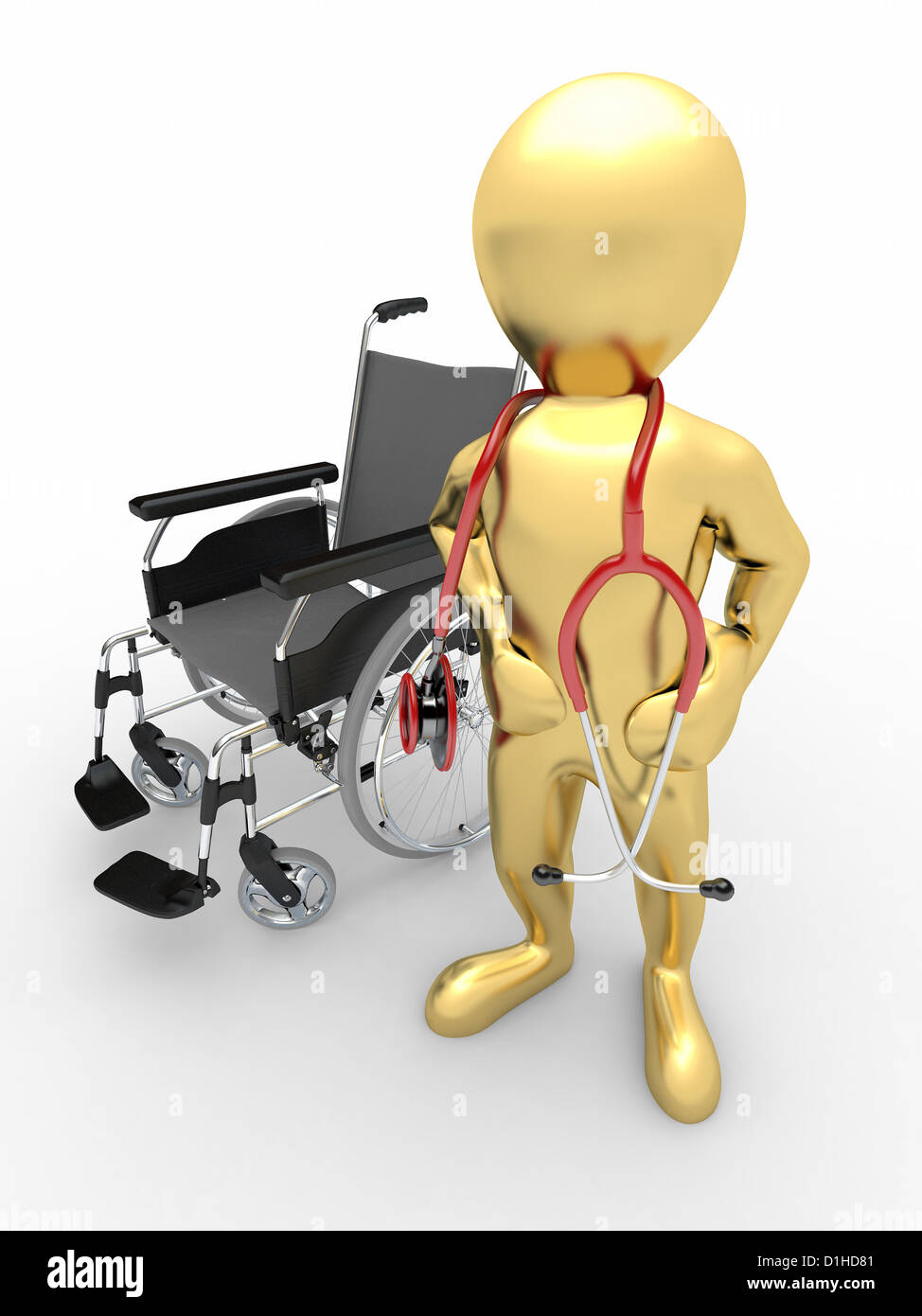 Doctor with stethoscope et whellchair isolé sur blanc l'arrière-plan. 3d Banque D'Images