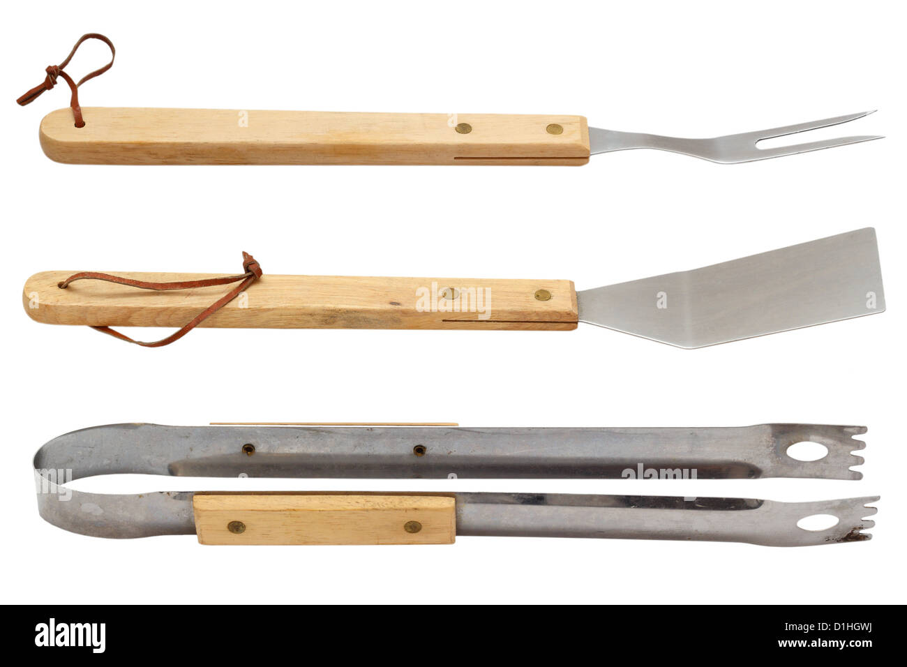 Ensemble d'outils barbecue utilisé isolated over white background Banque D'Images