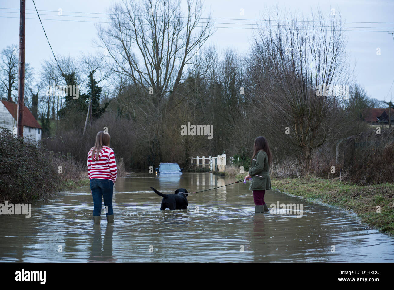 Près de Black Notley, Essex, une BMW SUV est abandonné dans l'eau d'inondation sur une route rurale. Les pluies récentes ont conduit à la masse saturée avec aucun où pour l'eau à couler librement. Deux filles marcher leur chien arrête pour regarder la voiture. Banque D'Images