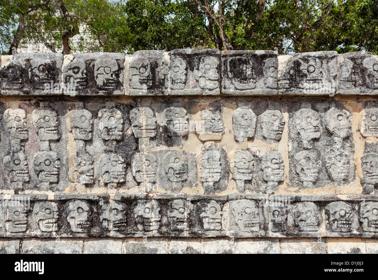 Tzompantli, Temple de crânes, plate-forme de sculptures de crânes à Chichen Itza, péninsule du Yucatan, Quintana Roo, Mexique Banque D'Images
