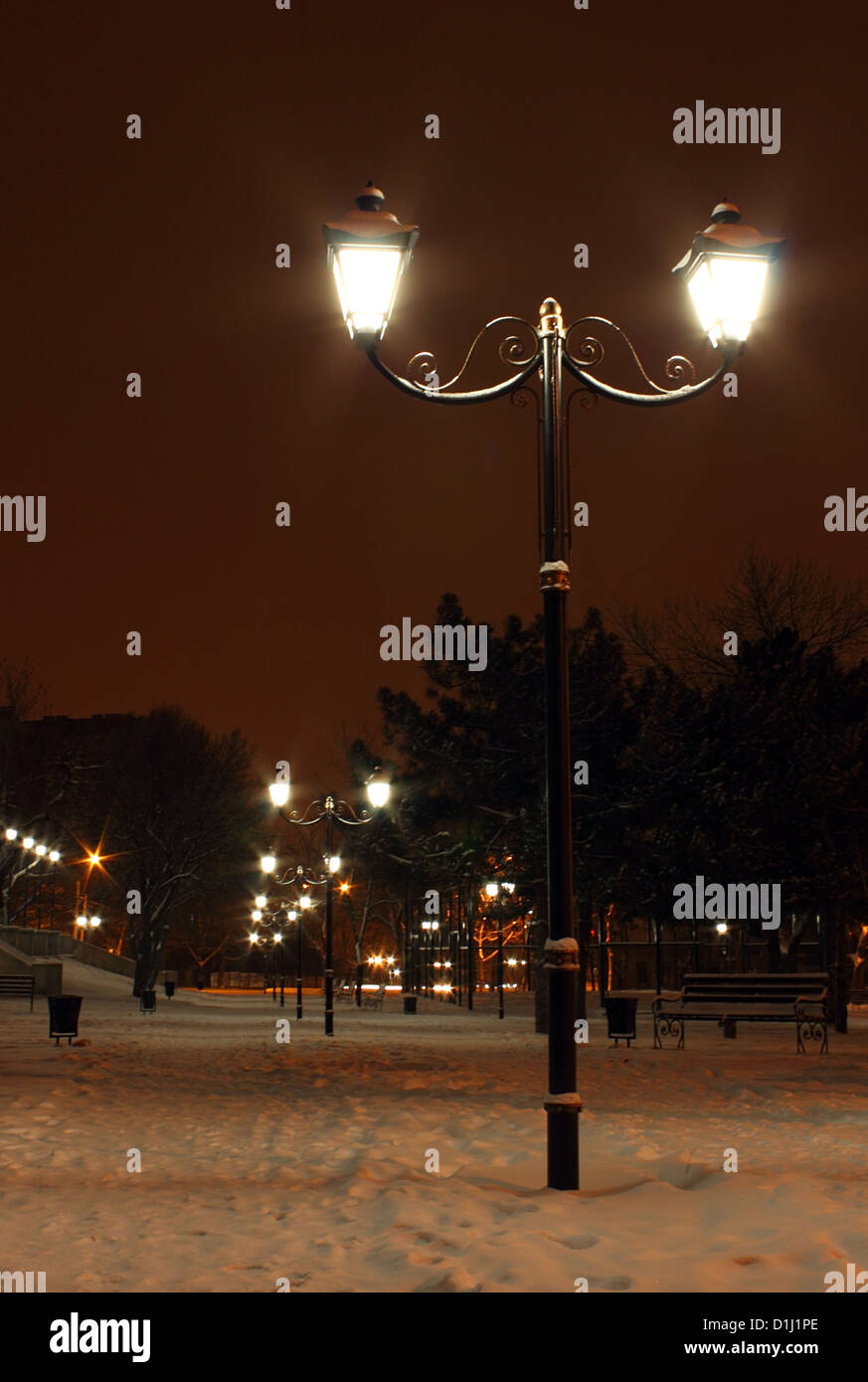 Au parc de la rue lanterne dans la nuit d'hiver Banque D'Images