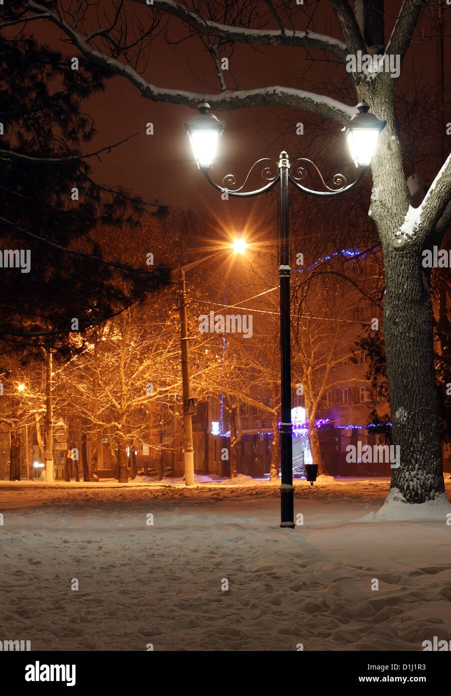 La rue lanterne allumée dans un parc la nuit en hiver Banque D'Images