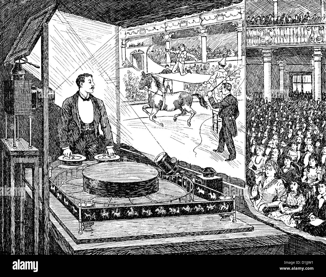 Cinéma performance dans un Praxinoscope ou théâtre optique, Charles-Émile Reynaud, 1844 - 1918, photographe français, artiste graphique Banque D'Images