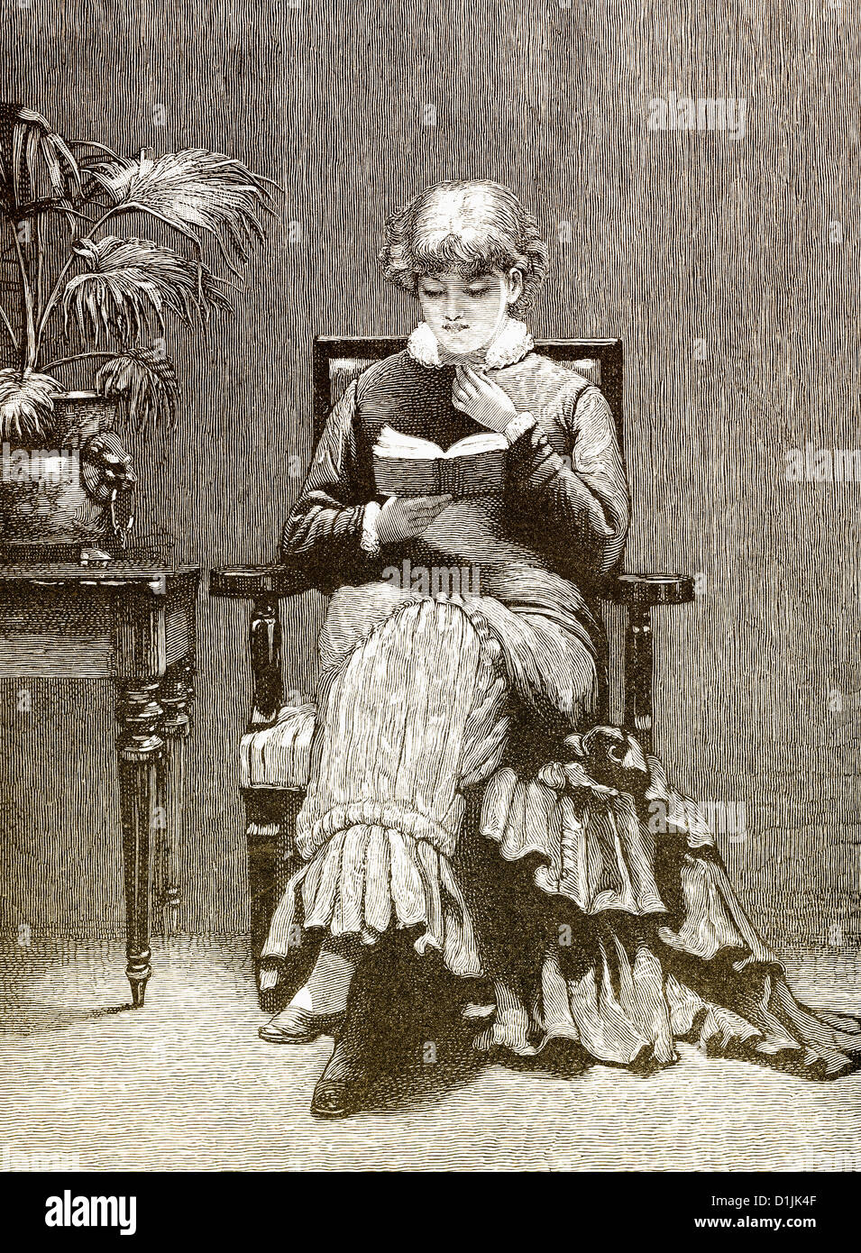 19e siècle, jeune femme assise dans un fauteuil et de lire un livre, vers 1880 Banque D'Images
