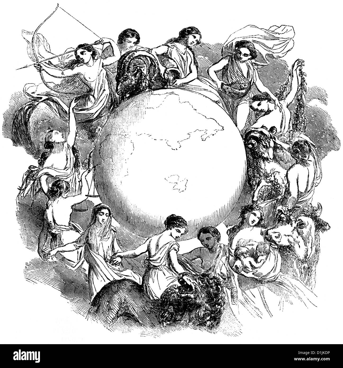 Image allégorique des signes du zodiaque, les femmes debout autour d'un globe, autour de 1860, Banque D'Images