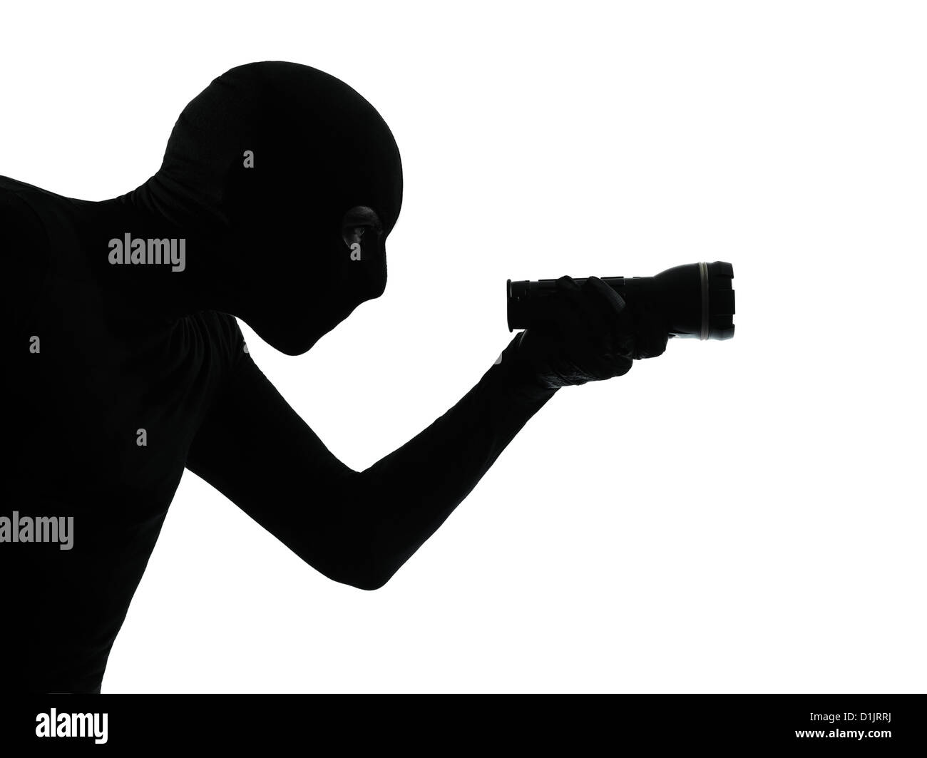 Voleur cambrioleur criminel masqué silhouette portrait en silhouette studio isolé sur fond blanc Banque D'Images