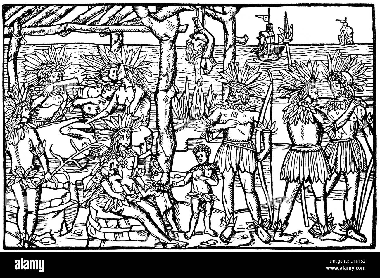 Fac-similé d'une image contemporaine montrant les amérindiens comme des cannibales, 15ème siècle, Banque D'Images