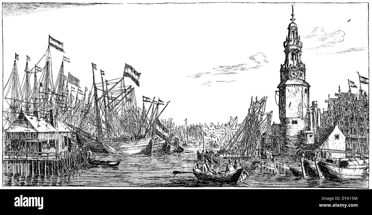 Illustration de la flotte de pêche du hareng dans le port d'Amsterdam, 16ème siècle, les Pays-Bas, Europe Banque D'Images