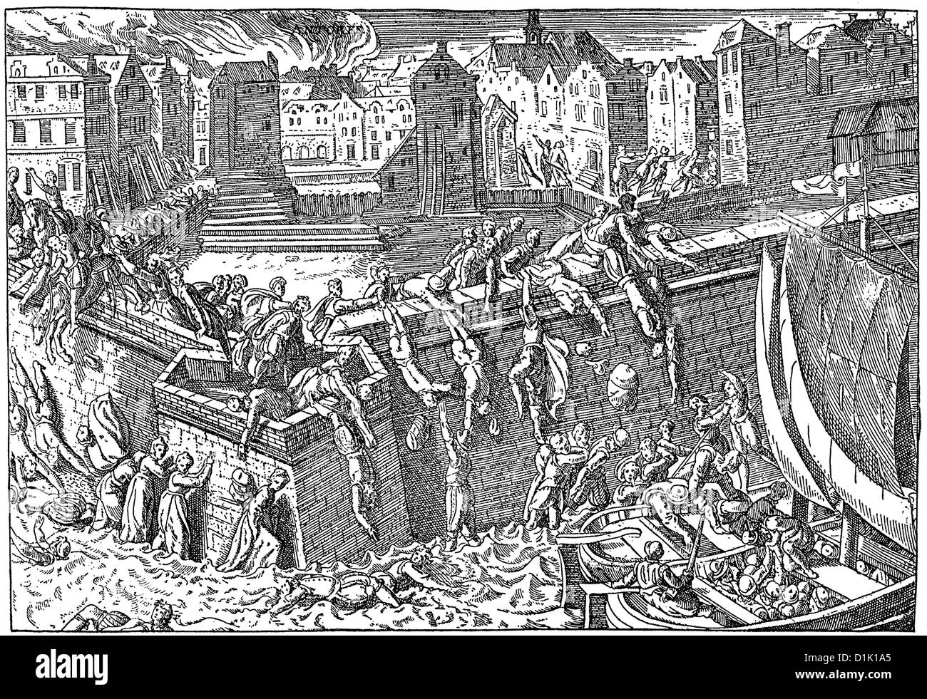 Les citoyens d'anvers fuyant les Espagnols, des Pays-Bas espagnols, 16e siècle Banque D'Images